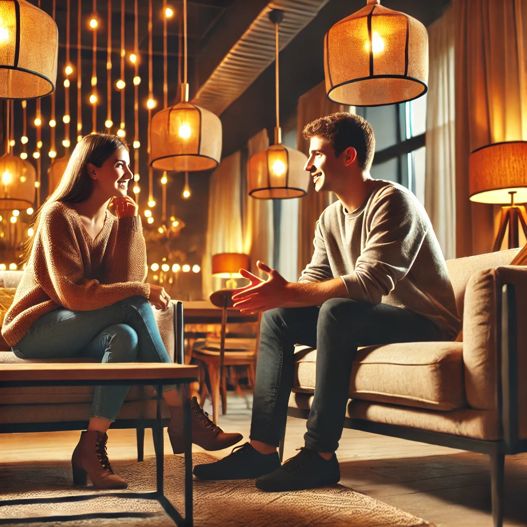 Two people having a conversation in a cozy setting